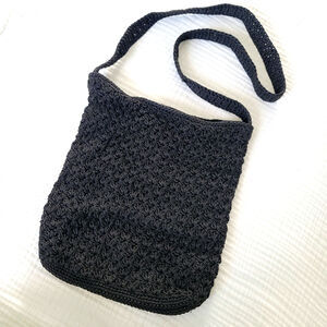 Black Crochet Nylon Zip Medium Crossbody Bag Boho Goth Minimalist